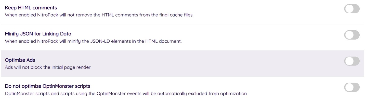 Nitropack Optimize Ads Settings