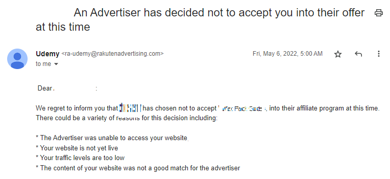 Affiliate program rejection email