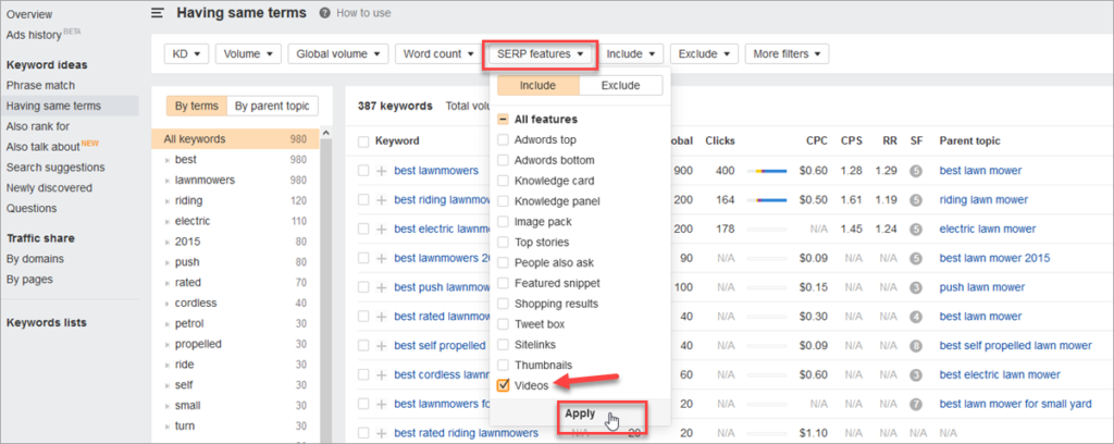 Ahrefs Keywords Serp Features Filter