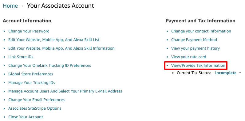 amazon associates tax info setup