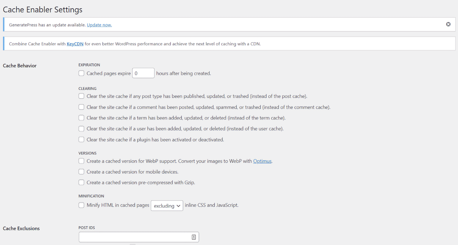 Cache Enabler Settings