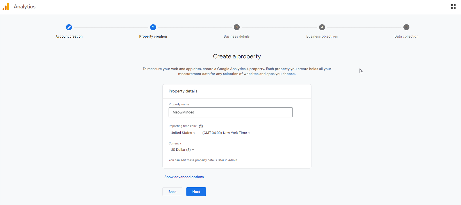 google analytics property