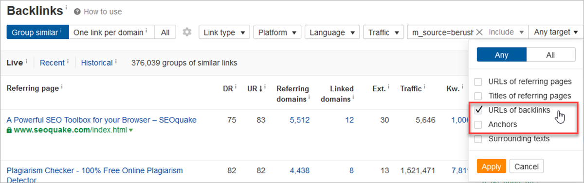 Semrush Backlinks Filter